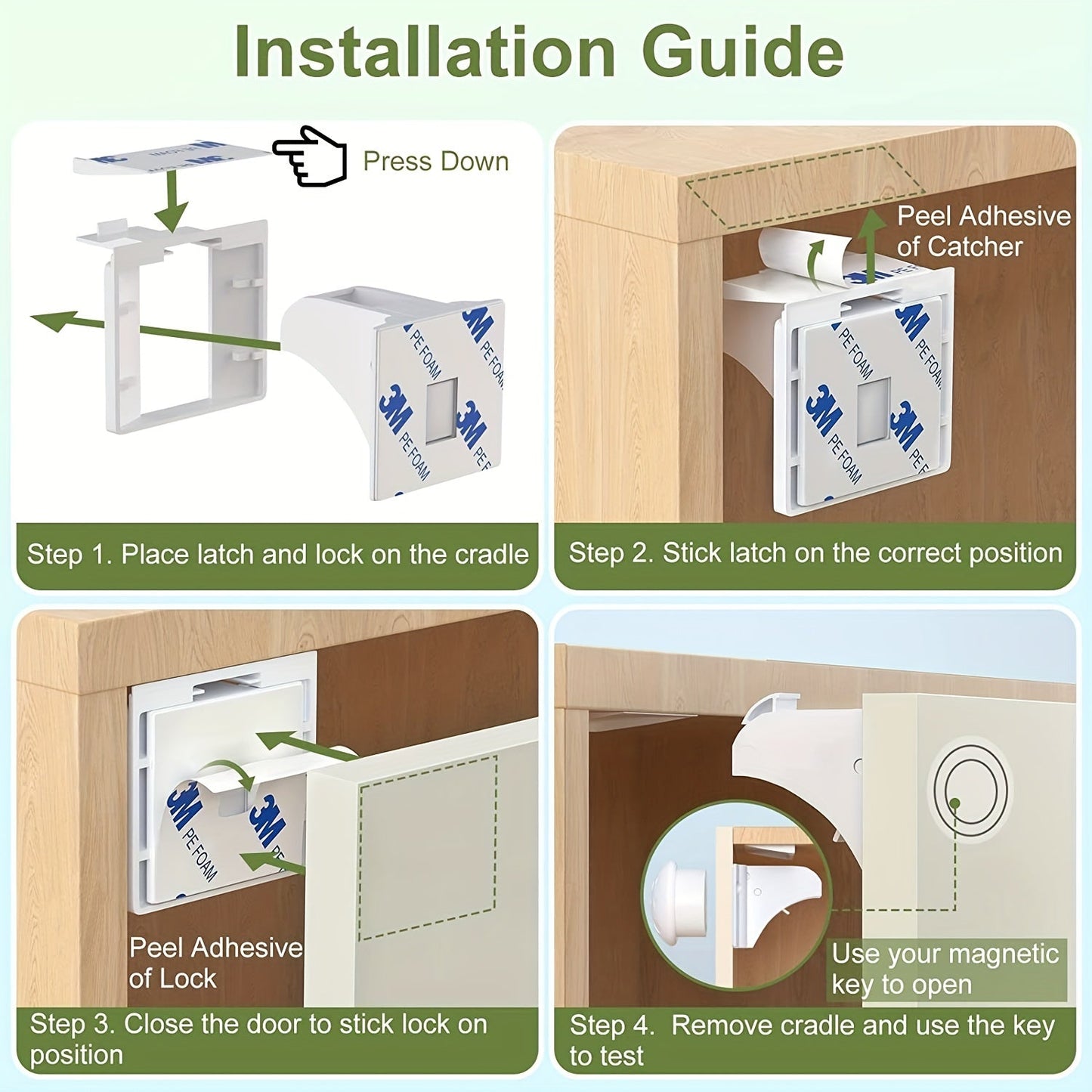 Protect your cabinets and drawers with this set of 12 safety magnetic locks, complete with 2 keys. No drilling required for installation, these locks provide childproofing and security. Easily invisible with adhesive backing, these magnetic cupboard