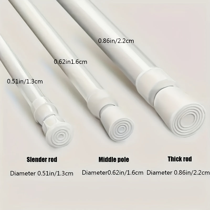 White adjustable curtain rod for door, window, bathroom, and home décor with spring telescopic feature.