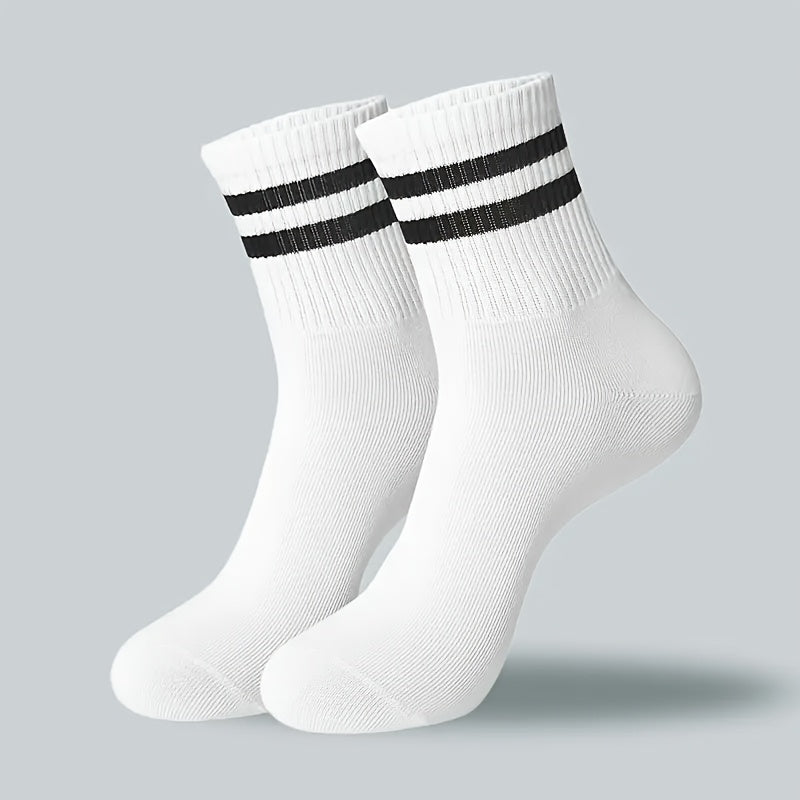 Dual-striped long socks for men and women made from breathable polyester knit fabric. Can be hand washed or dry cleaned. Available in black/white.