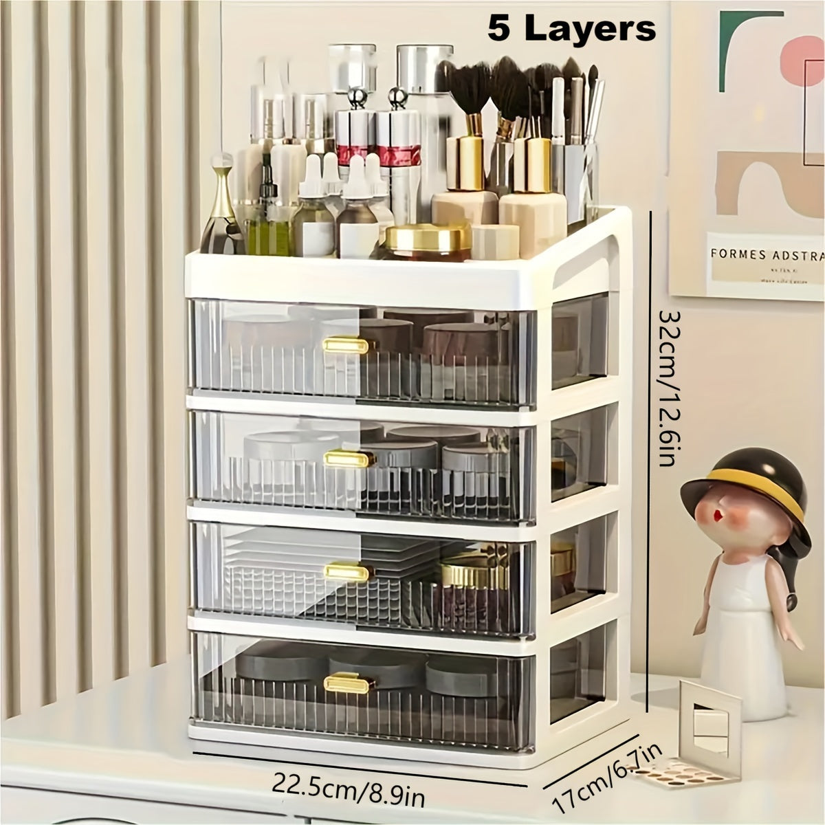 Large makeup organizer with drawer for vanity, dresser, bathroom, and countertop storing cosmetics, perfume, skincare, and toiletries.