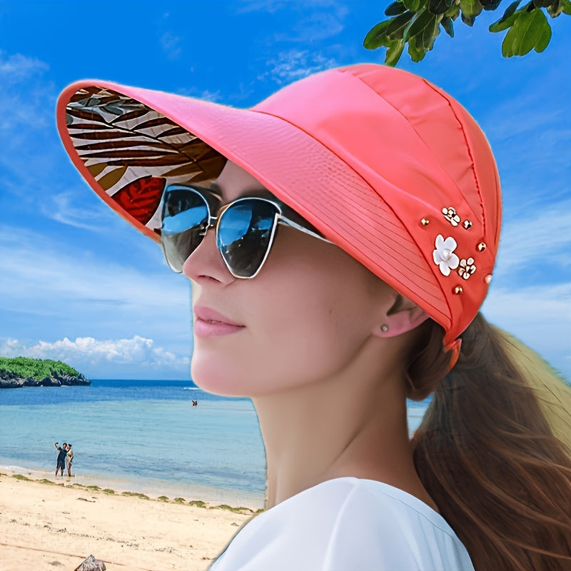 Korean-style women's sun hat with UV protection, foldable, breathable polyester visor for outdoor activities and beach.