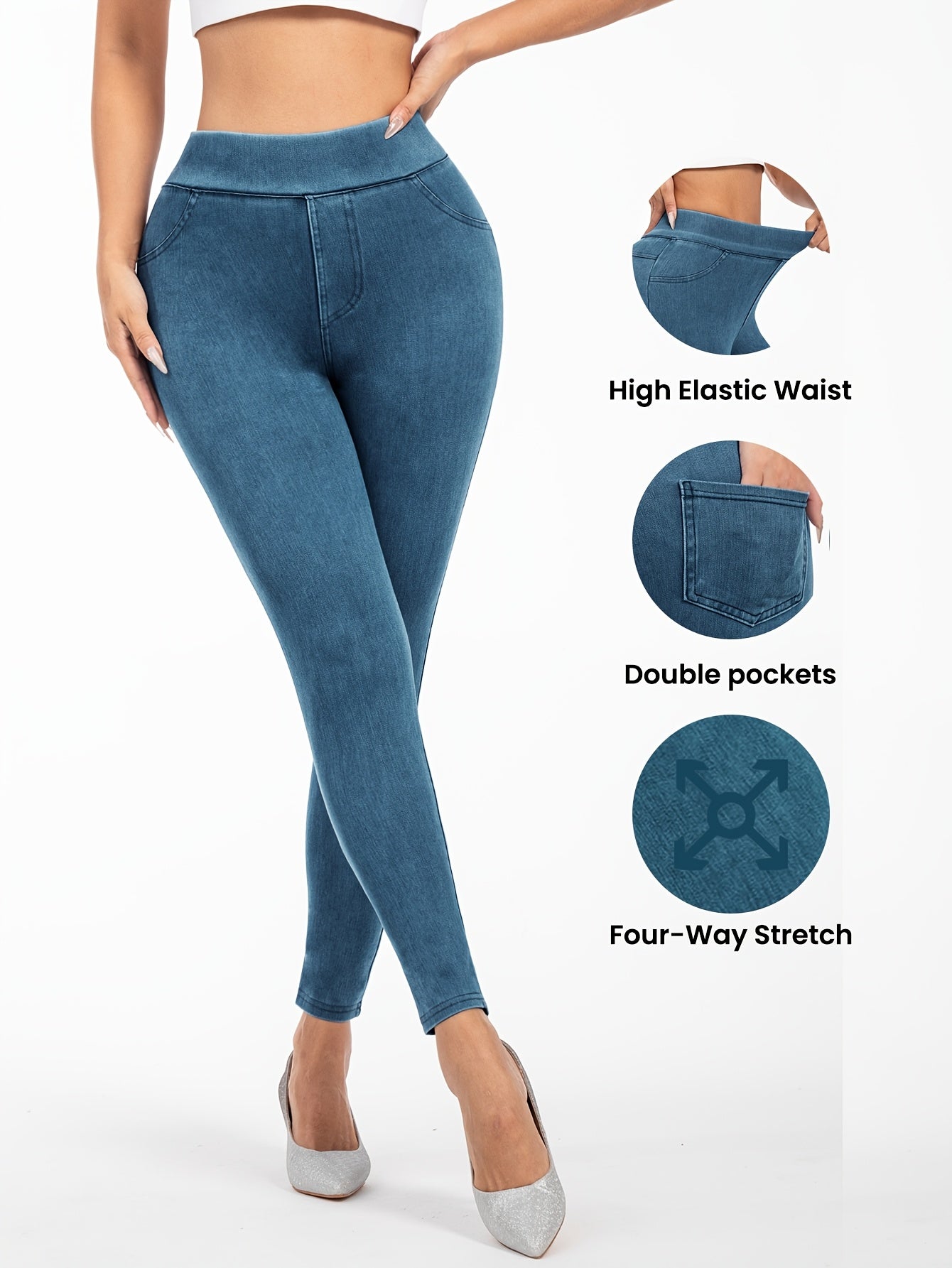 Women's high-waist faux denim jegging with elastic band and pockets. Polyester spandex blend for medium support. Solid color, woven fabric, cropped length. Suitable for everyday wear.