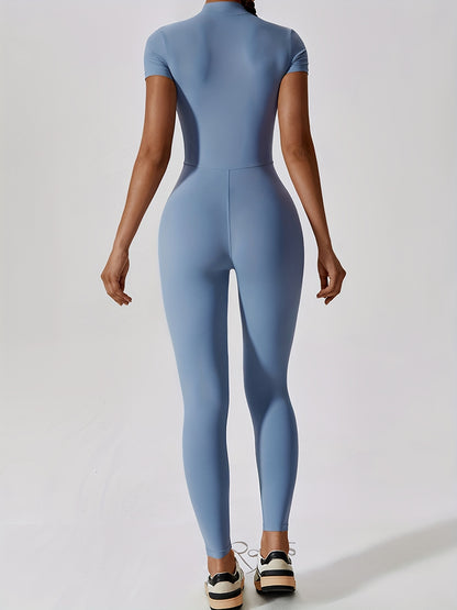 Ayollar uchun zip-front qisqa yengli jumpsuit, yoga, fitnes, raqs va sport mashg'ulotlari uchun ideal.