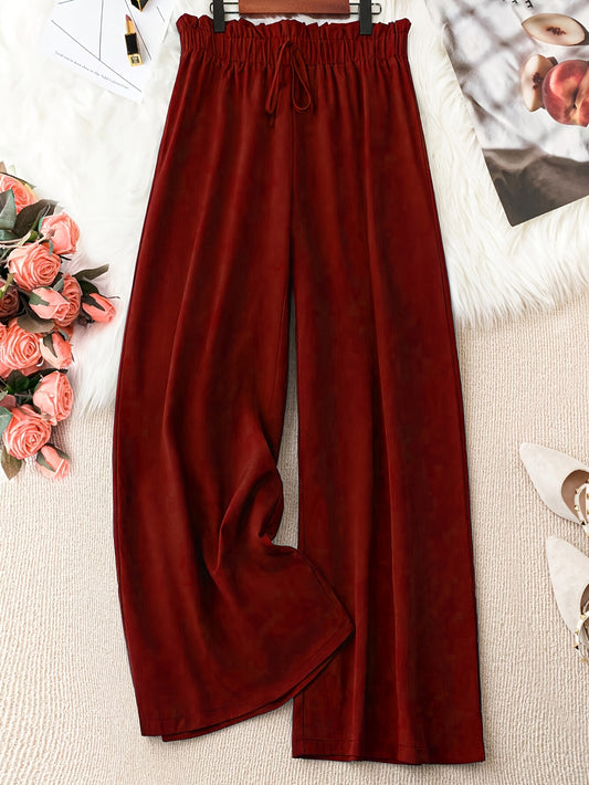 Plus size casual wide leg pants made of 100% polyester in a solid color. Features a straight cut, non-stretch fabric, suitable for all seasons.