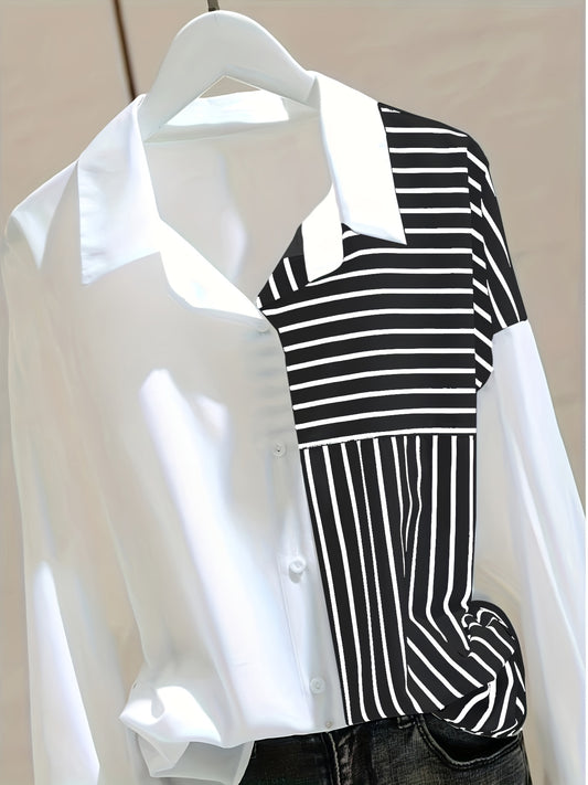 White loose-fitting shirt for women with striped patchwork, perfect for spring and autumn, in a unique casual style.