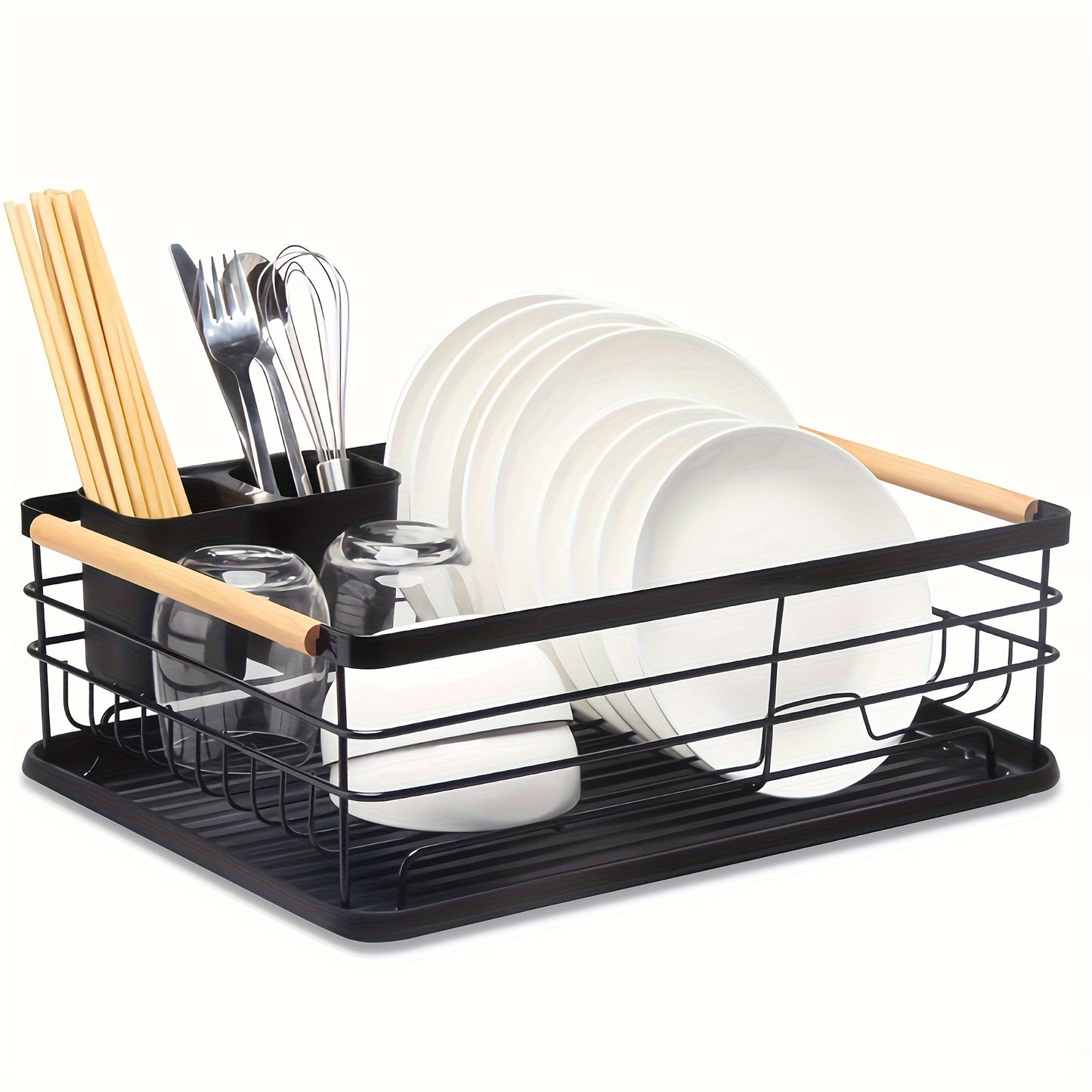 LDQ Single-Tier Dish Rack with Removable Cutlery Holder, Drip Tray, Wooden Handle, White, Large Capacity, Rustproof, Kitchen Counter Organizer