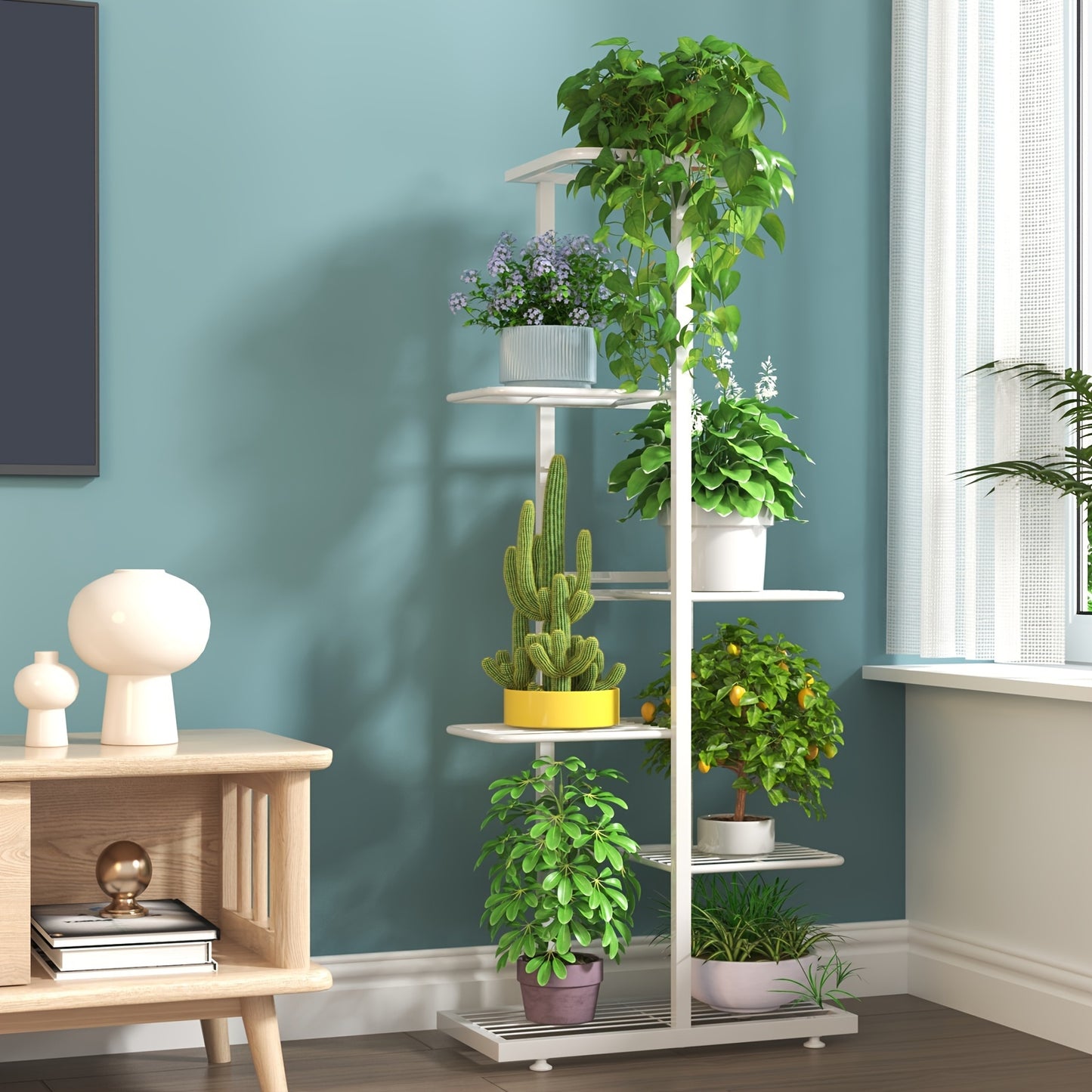 Multi-tier metal flower stand suitable for various settings like living rooms, balconies, and gardens. Ideal for displaying potted plants and books.