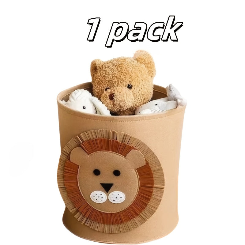 Large capacity 1-piece felt storage basket with cartoon animal design, made of polyester unfinished fabric. This foldable organizer is perfect for storing toys, clothes, and shoes. It can be used as a multi-purpose laundry bin in the home, bedroom, dorm