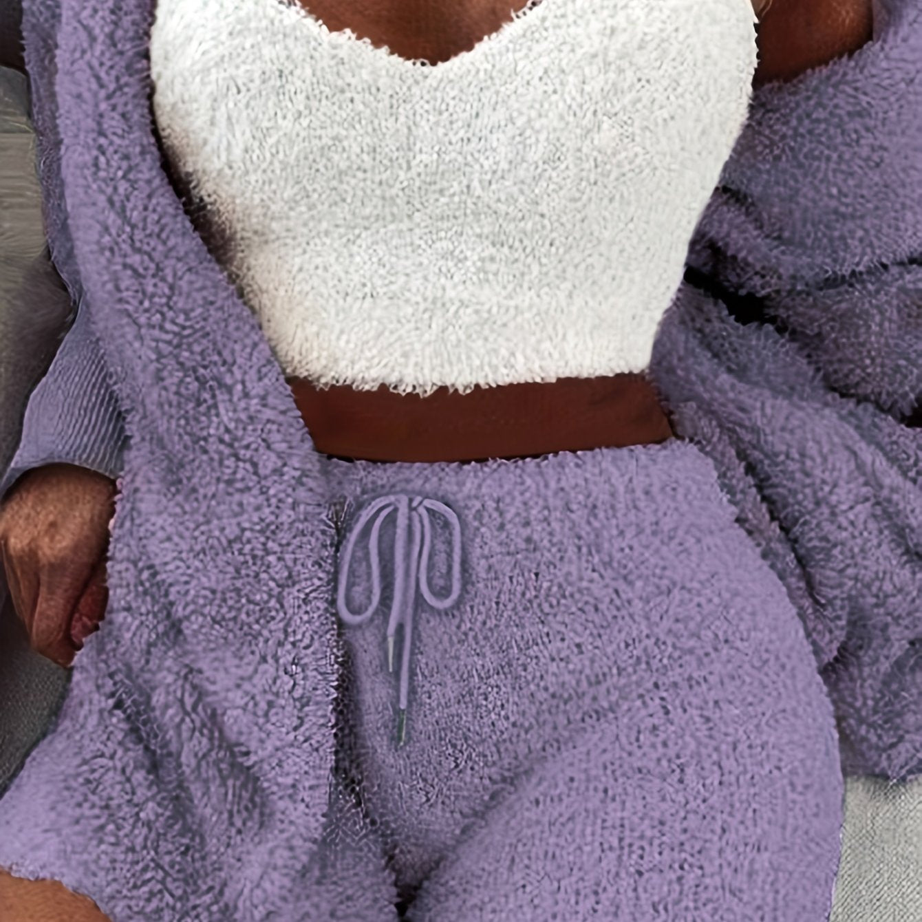 Women's cozy pajama set with long sleeve hooded robe, tank top, and drawstring shorts for sleepwear and loungewear.