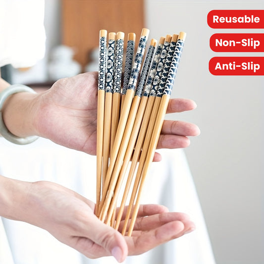 5 pairs of premium reusable bamboo chopsticks with multicolor non-slip design, lightweight and dishwasher safe.