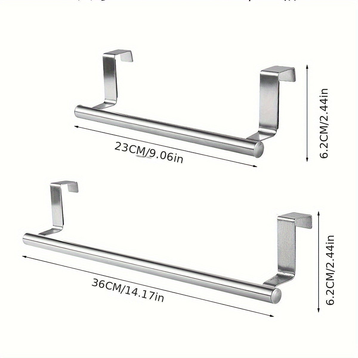 One Stainless Steel Over-the-Door Towel Rack for Bathroom and Kitchen in 23.01cm/35.99cm sizes, with durable construction.