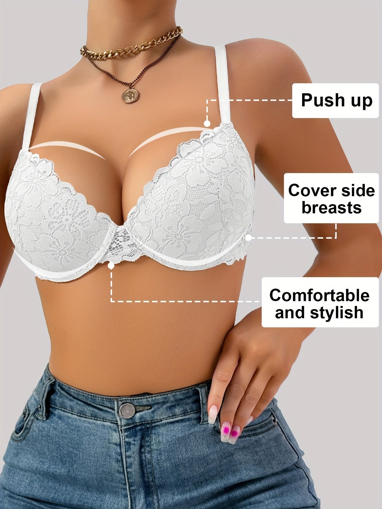 Comfortable lace push-up bra with underwire support, non-removable pads, made of nylon and elastane, hand wash only.