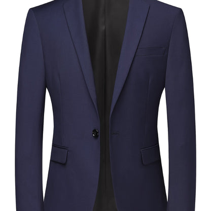 Men's casual solid color blazer in polyester fabric with lapel collar, single button placket, and slit hem.