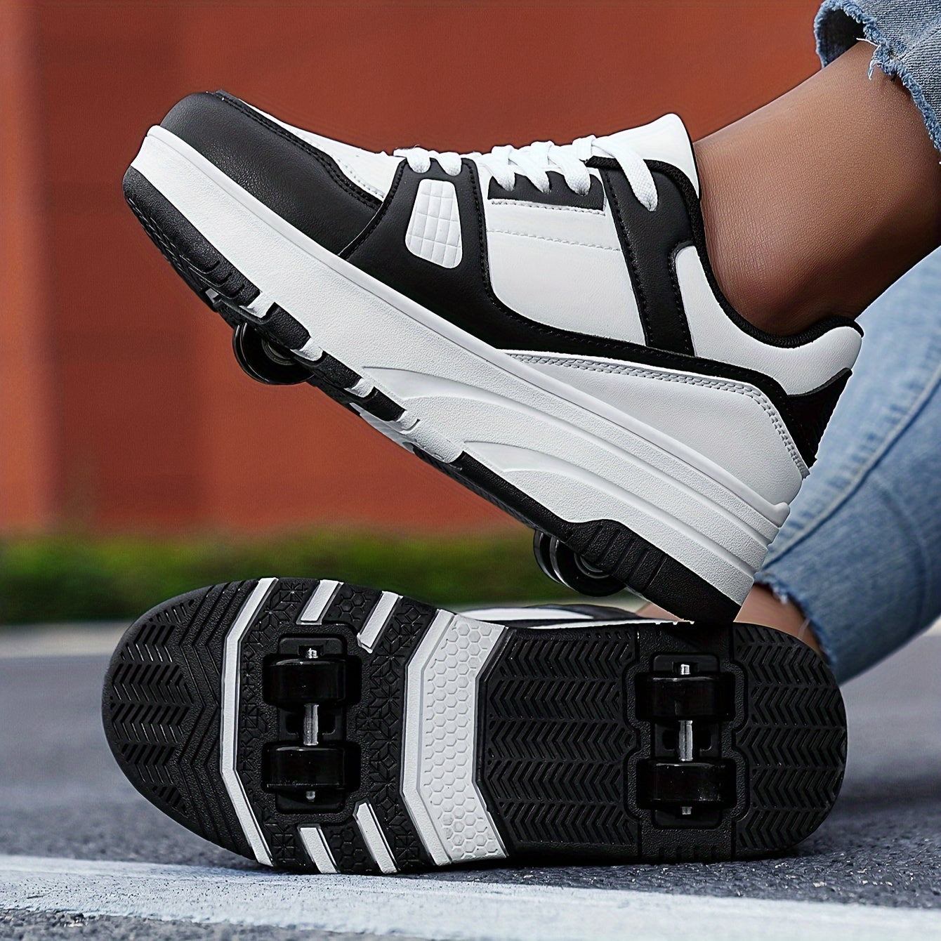 Boys' roller skate shoes with non-slip dual wheel, lace-up design and durable buckle straps in black and white, for all seasons.