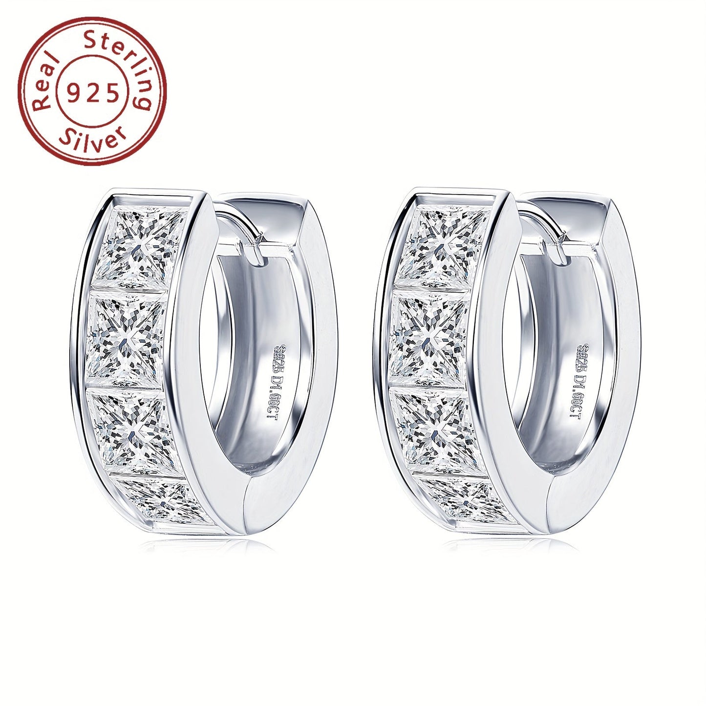 A set of elegant earrings featuring thick Moissanite stones set in 925 silver. These princess square cut earrings showcase an irregular design, creating a unique and eye-catching look. The pure silver earrings are lightweight at 5.5g and feature 8 pieces