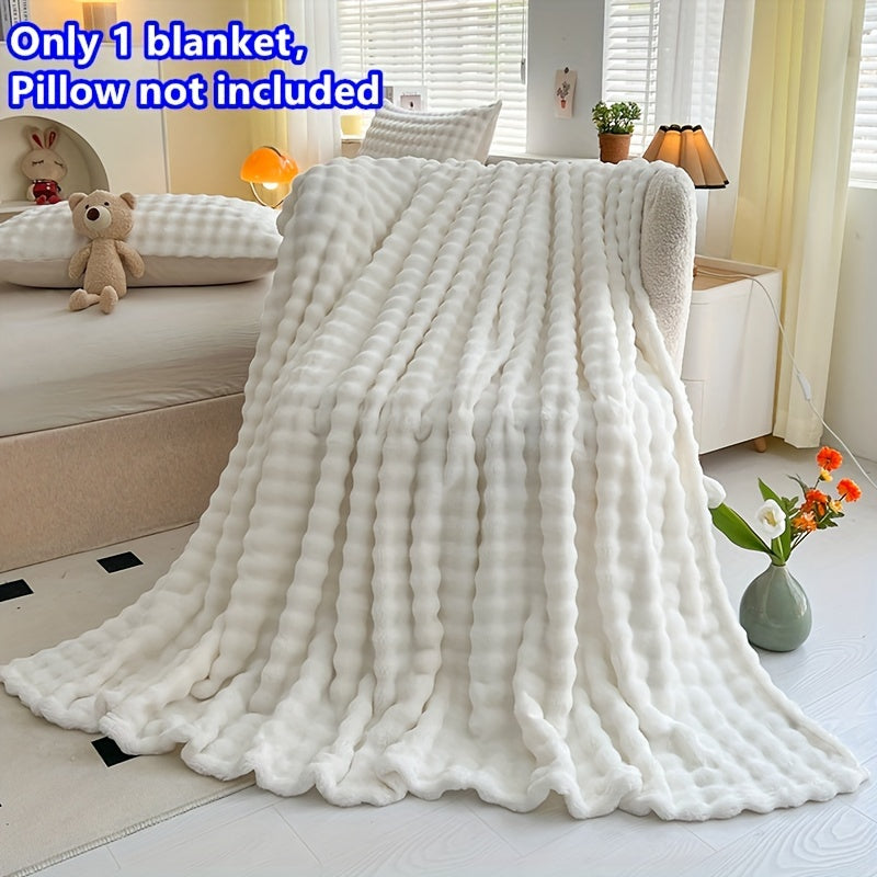 Soft Bubble Fleece Blanket - 1 piece, All-Season, Contemporary Style, Machine Washable, Solid White Color, Made of Polyester, Knitted, Water Washed, 200-250gsm Weight, Versatile for Bed, Sofa, Bedroom, Travel, and Camping Use