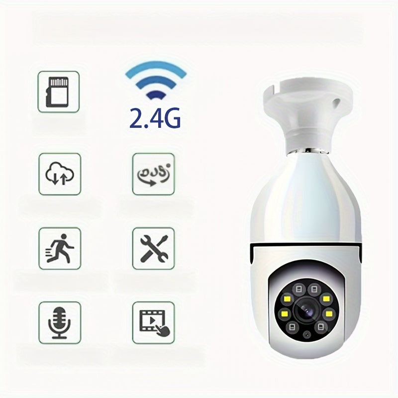 WiFi-enabled smart bulb camera with night vision capabilities, two-way audio, and a wide angle lens. Allows for real-time video streaming, remote monitoring, and compatibility with voice assistants. Ideal for ensuring the safety of youngsters and makes