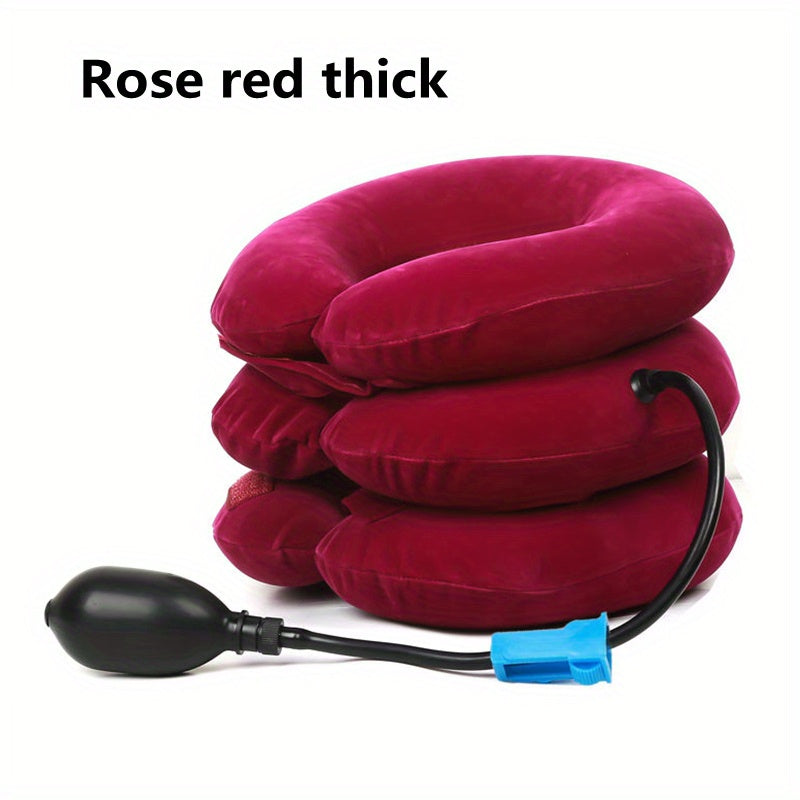 Thick/thin inflatable neck pillow for travel and relaxation with stretch and traction capabilities.