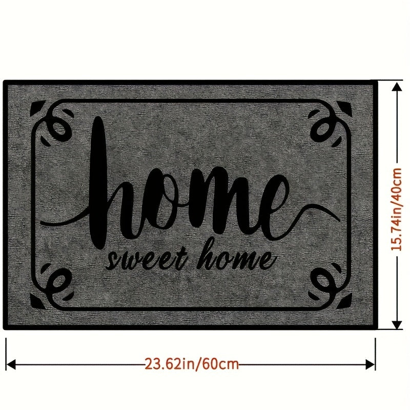 Machine washable Sweet Home Welcome doormat made of polyester. Suitable for indoor and outdoor use, this entrance mat is perfect for home, living room, kitchen, bedroom, farmhouse, hallway, and laundry room carpet.