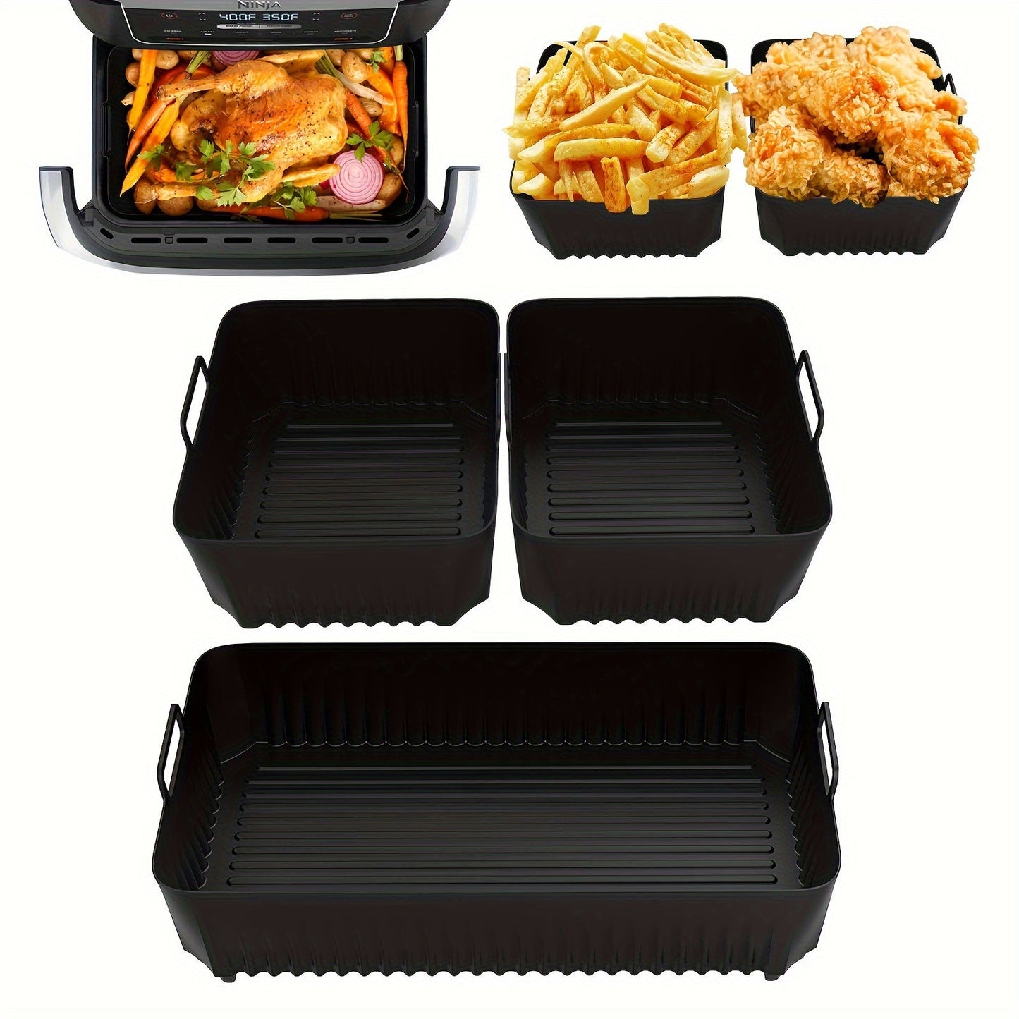 Three piece Ninja AF500 Air Fryer silicone baking trays set, reusable, food-contact safe kitchen and restaurant deep fryer accessories.