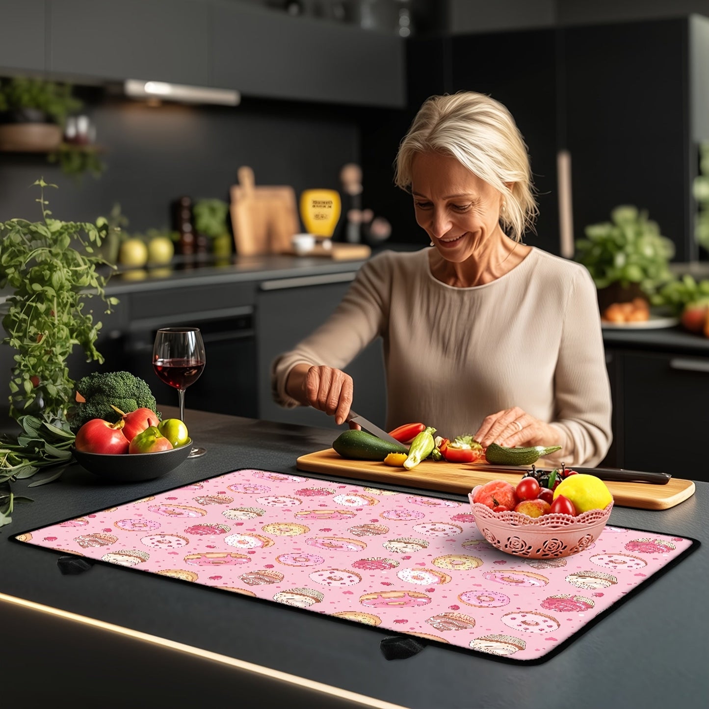 Heat-resistant stovetop cover featuring a fun donut pattern made of durable polyester. This non-slip cooktop protector mat is safe for glass ceramic stovetops and also doubles as a rubber anti-scratch ironing pad. A versatile kitchen accessory that adds