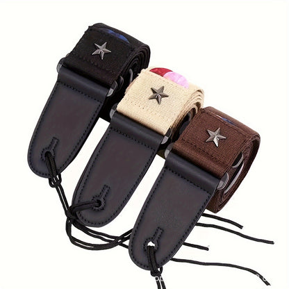 10 Adjustable Guitar Straps with Pick Holder, Star Shoulder Straps, Leather Ends - Includes 5 Picks, 1 Hold, and 2 Washers