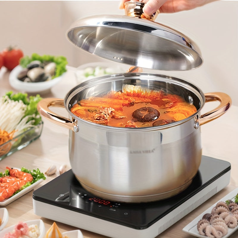 High-Quality Stainless Steel Soup Pot with Dual Handles - Features 5-Layer Bottom and Mirror Finish, Suitable for Induction Cookers, Ideal for Making Stews, Sauces, and Desserts