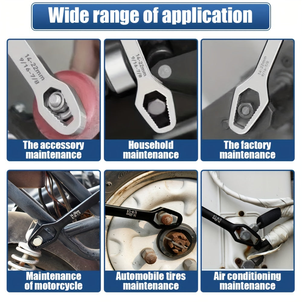 Double-ended plum wrench with 3.5mm thickness for tightening various screws and nuts. Suitable for diameters 8-22mm/3-17mm.