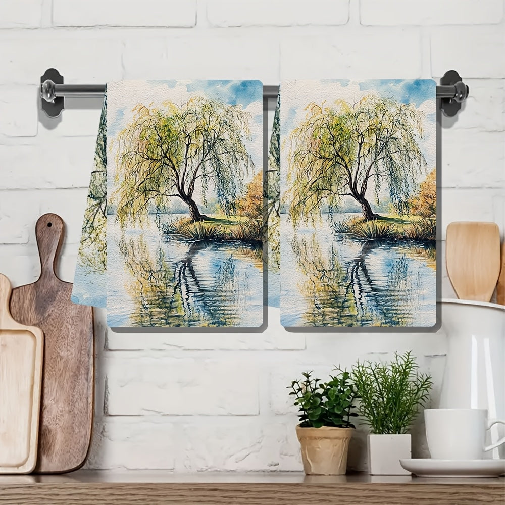 Set of 2 Ultra Soft Kitchen Towels featuring the "Willow by a Tranquil Lake" Design, Exceptionally Absorbent & Easy to Wash Dish Hand Towels, Modern Coastal Decor, 40.64x60.96 cm, Perfect for Holiday Season Decor, Decorative yet Durable Kitchen Textile