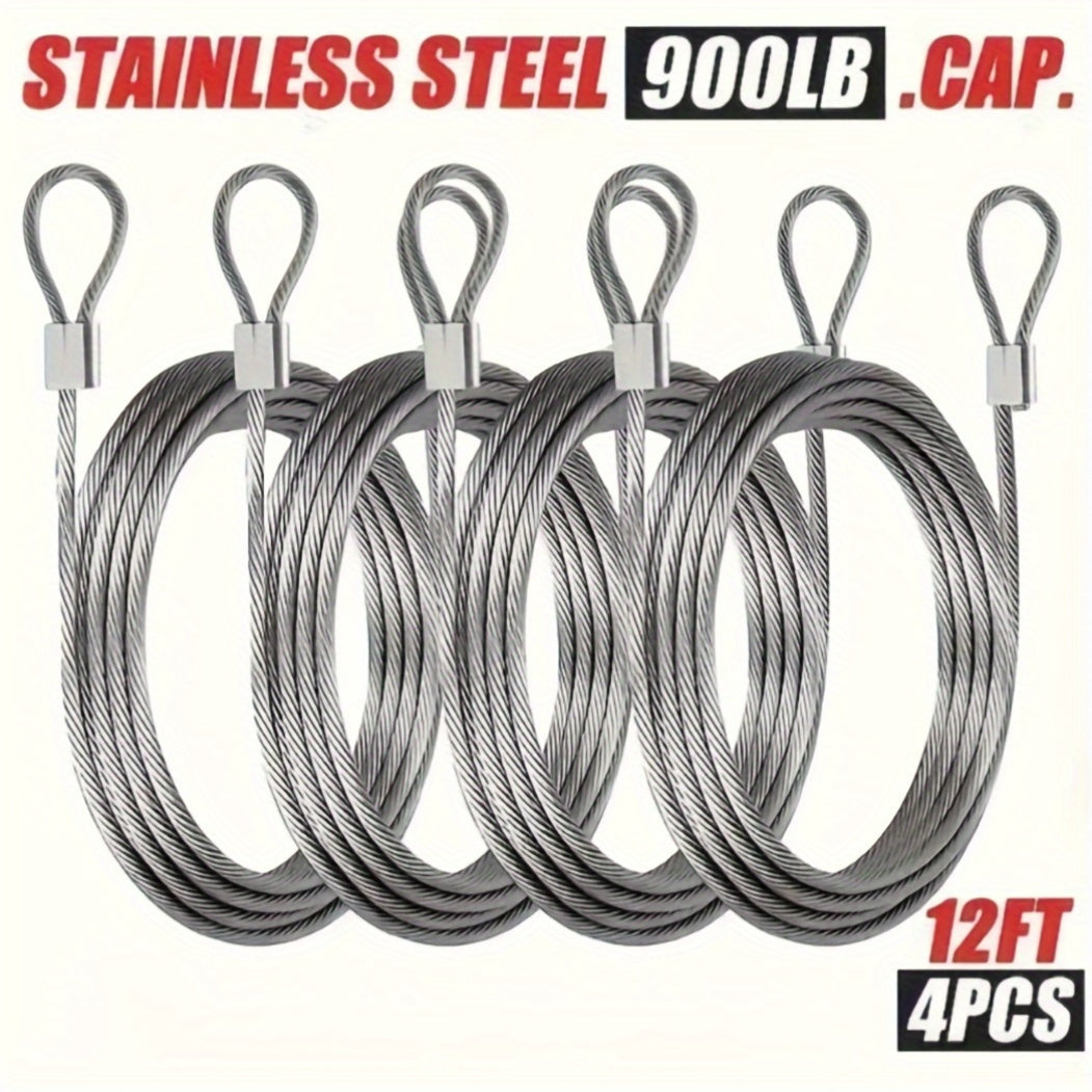 A set of 4 heavy-duty stainless steel clothesline wires, each measuring 12 feet in length and 2mm in diameter. With a total capacity of 408.23KG, these cables are perfect for outdoor use and feature 7x7 strands for hanging lights and laundry.