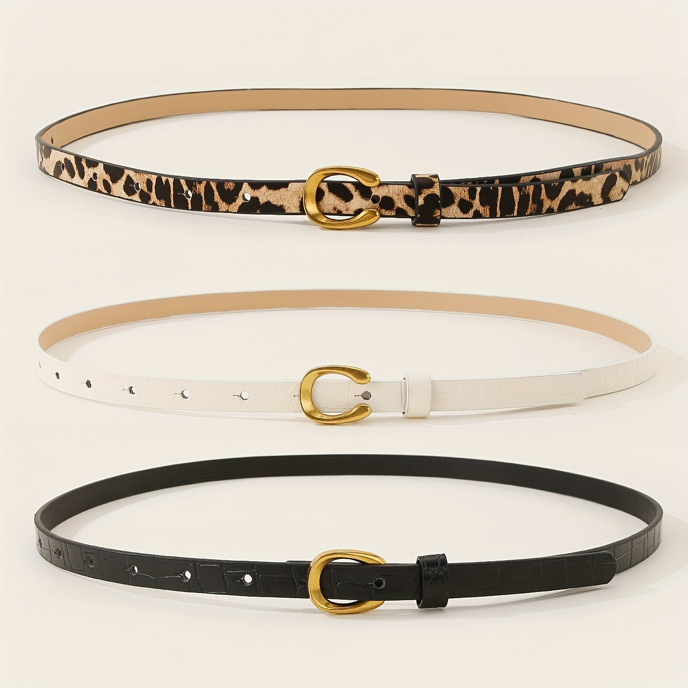 Set of 3 leopard and letter print belts with U-shaped alloy buckle, ideal for women's casual or business attire.