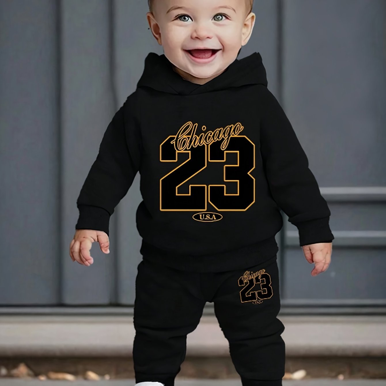 Baby boy's Chicago 23 print hooded sweatshirt + pants outdoor set for comfy and trendy outdoor play and daily life.