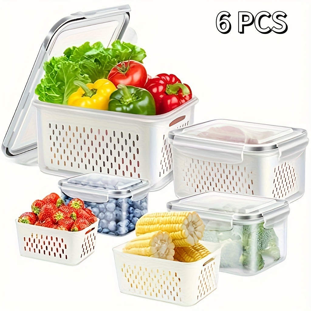 6-Pack Bpa-Free Plastic Food Storage Containers with Lids for Refrigerator, Airtight Bins for Freshness, Drainage Box Set for Fruits, Vegetables, Kitchen Organization.