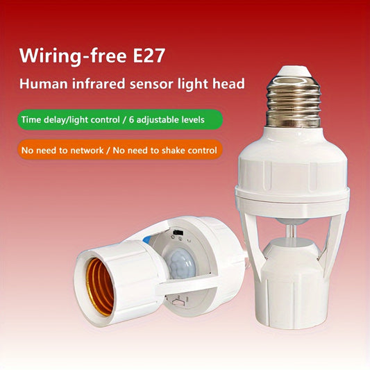 360° PIR Motion Sensor Light Socket, AC Hardwired 85-265V, Adjustable Delay Time, E27 Base for LED Night Lamps, Battery-free - Compatible with Room Electrical Wiring.