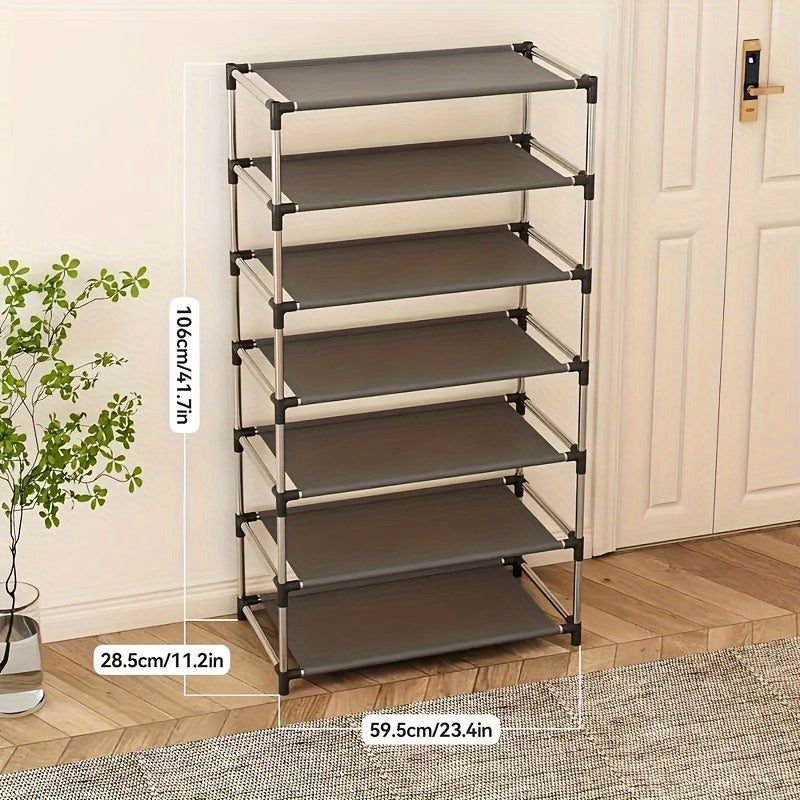 Organize your space with the durable and non-slip Space-Saving 2/3-Tier Iron Alloy Shoe Rack. Perfect for entryways, bedrooms, and living rooms, this waterproof organizer is designed to save space and keep your shoes organized.