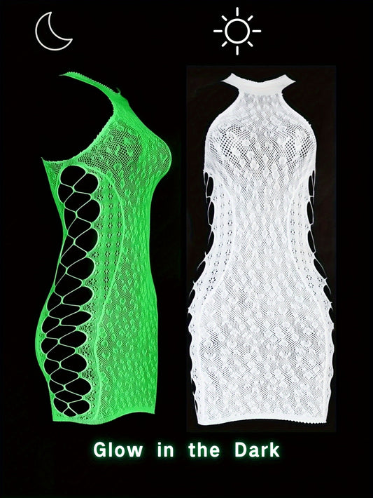 Neon green leopard print fishnet dress glows in the dark. Perfect for music festivals or beach parties.