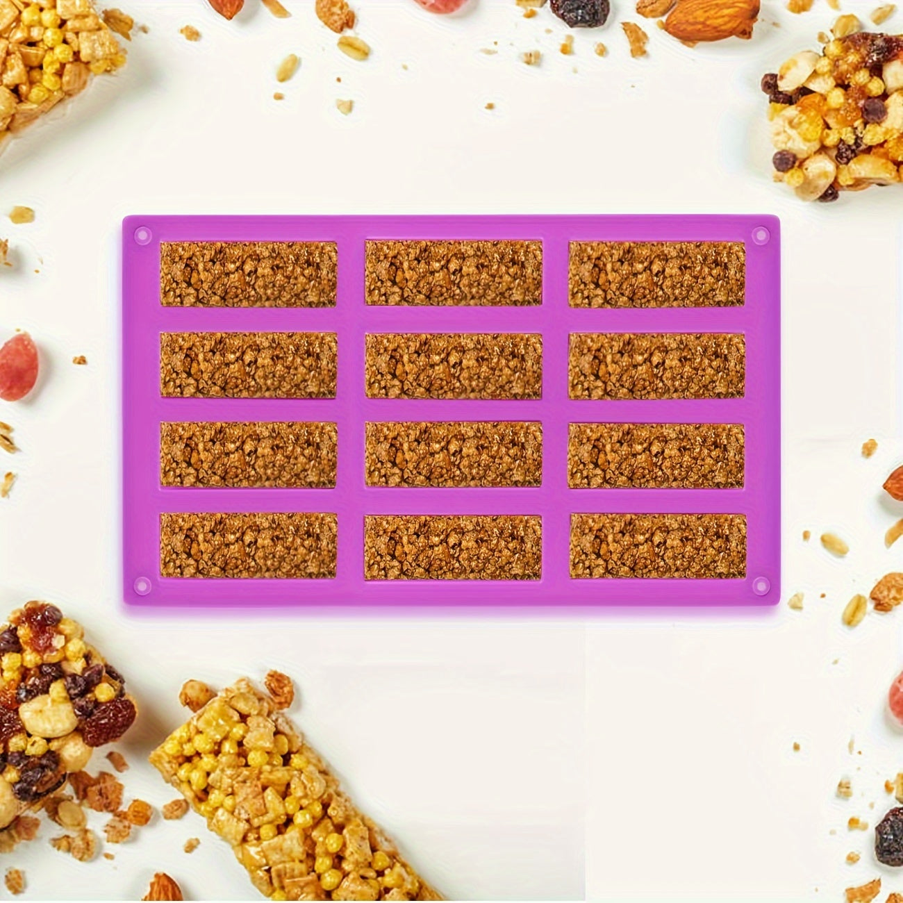 Three sets of 12-cavity large rectangle molds made of silicone for creating nutrition cereal bars, energy bars, and other treats like chocolate truffles, ganache, bread, brownies, cornbread, cheesecake, pudding, and butter. Perfect for baking supplies