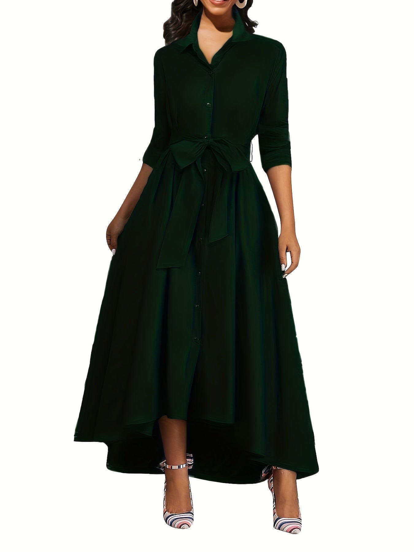 Stylish green midi dress for women, featuring a button-up collar design in a polyester and spandex blend with belt detail.