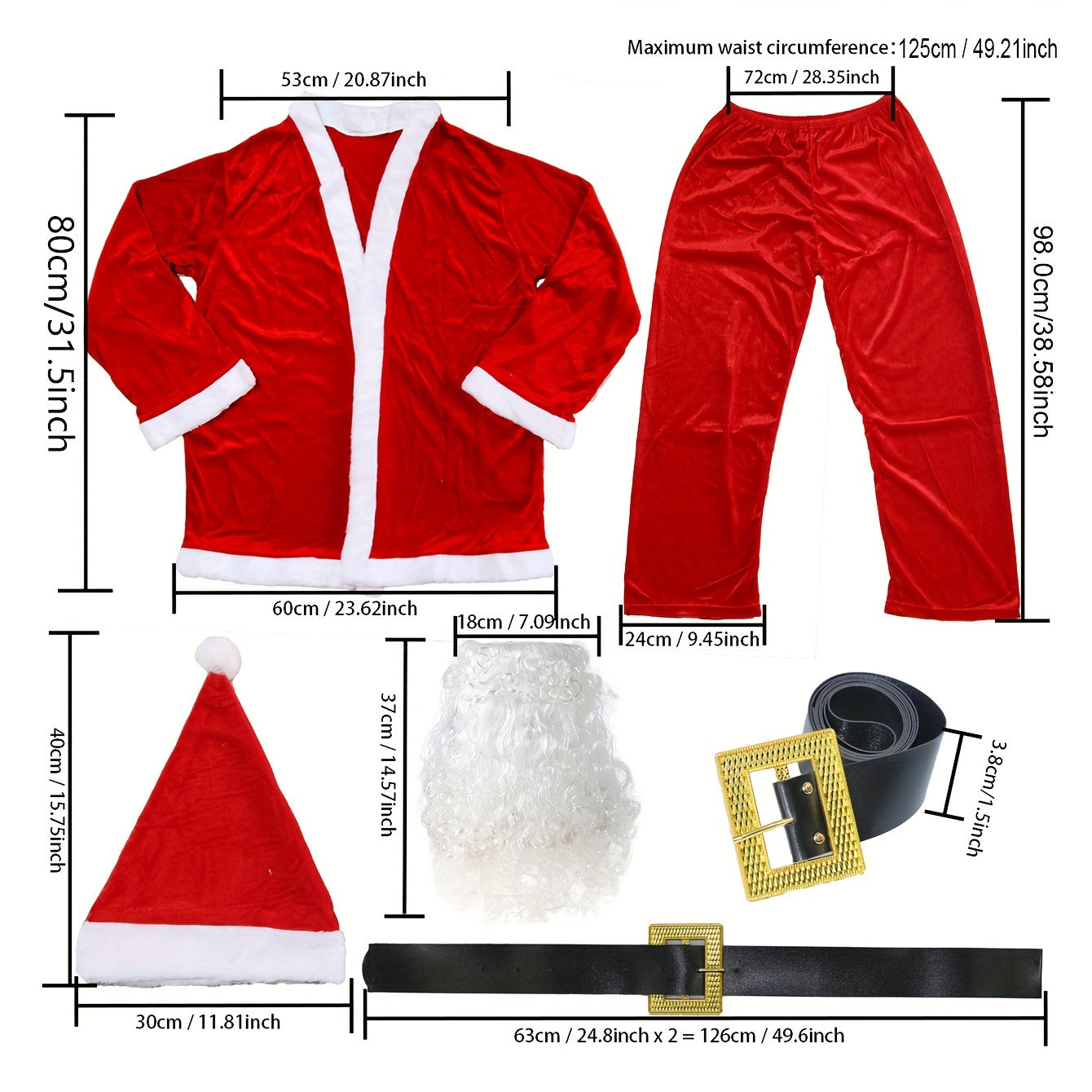 Stylish 5-piece Santa Claus Outfit for Grown-ups - Comes with Festive Red Coat, Trousers, Hat, Fake Beard & Belt - Ideal for Holiday Celebrations & Dress-up, Festive Home Decor.