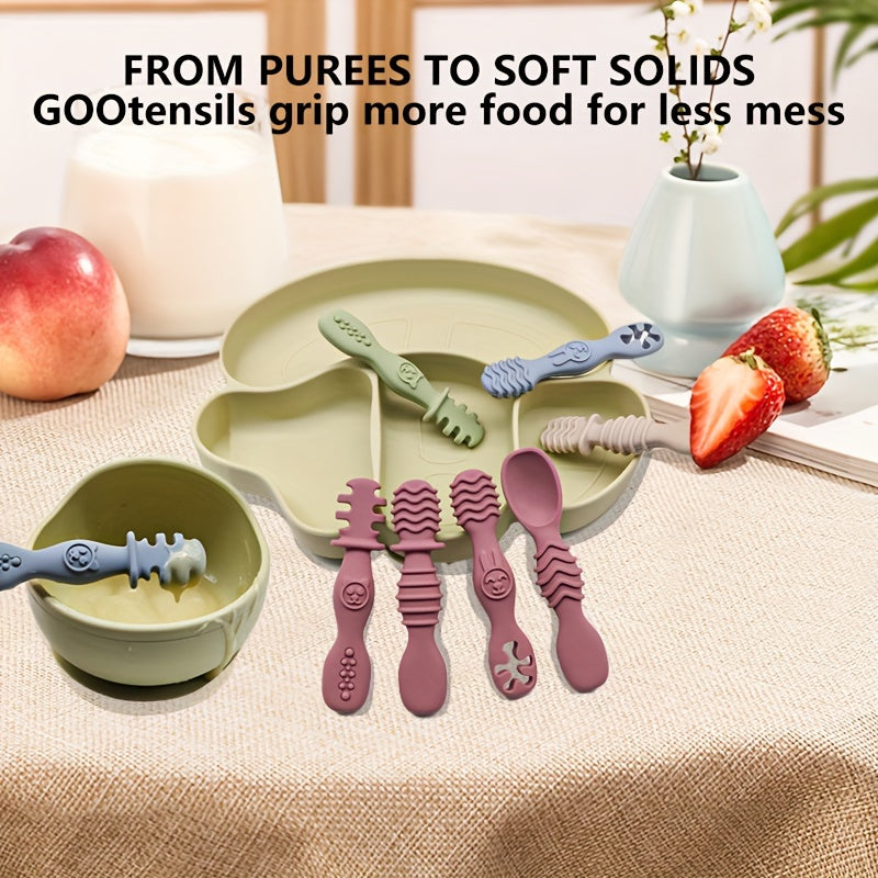 4-piece silicone spoon set for children 6+ months, chewable and soft-tipped, BPA-free and dishwasher safe