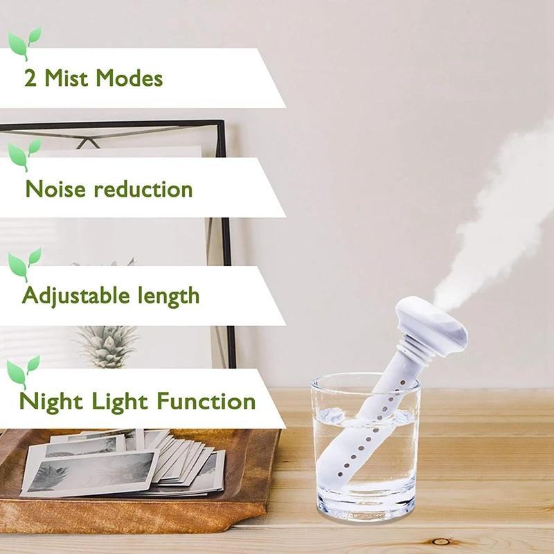 Compact USB-powered cool mist humidifier, perfect for travel, office, hotel, car, and home. No need for a water bottle, simple to use with a soakable swab.