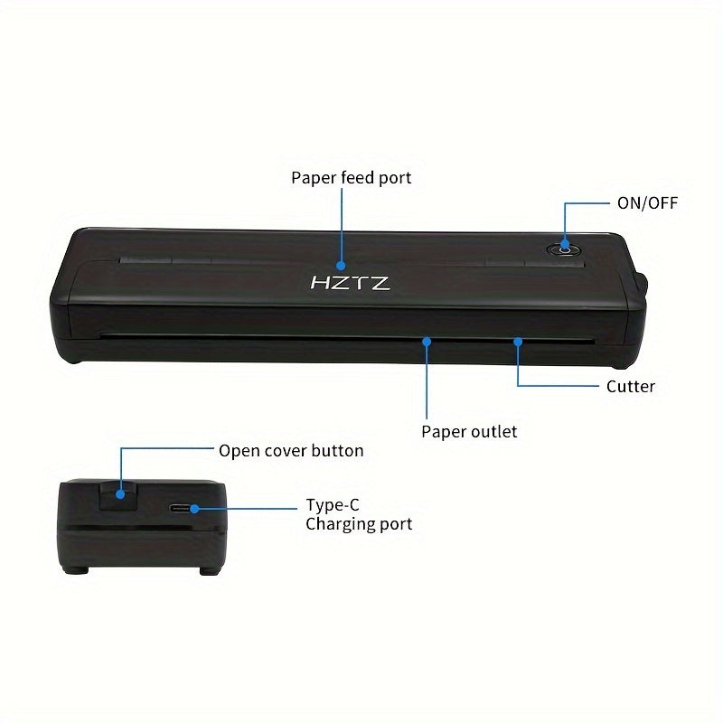 HZTZ A4 Portable Thermal Printer with wireless and USB connectivity, inkless monochrome output, supports various file types, high-definition printing, 2000mAh rechargeable battery