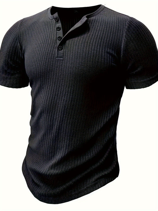 Solid stripe pattern knit short sleeve Henley shirt for men, perfect for summer leisure and outdoor activities.