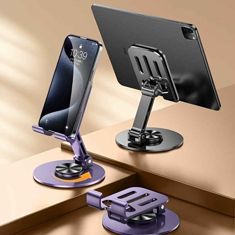 Metal phone and tablet stand that rotates 360-degrees, with adjustable height and angle, ideal for daily office use.