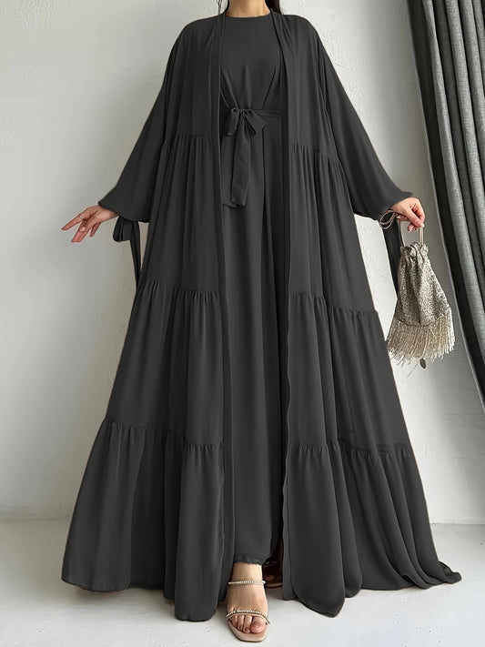 Chiffon abaya with lantern sleeves, belt, ruffle detail, and non-stretch fabric lining for all seasons.