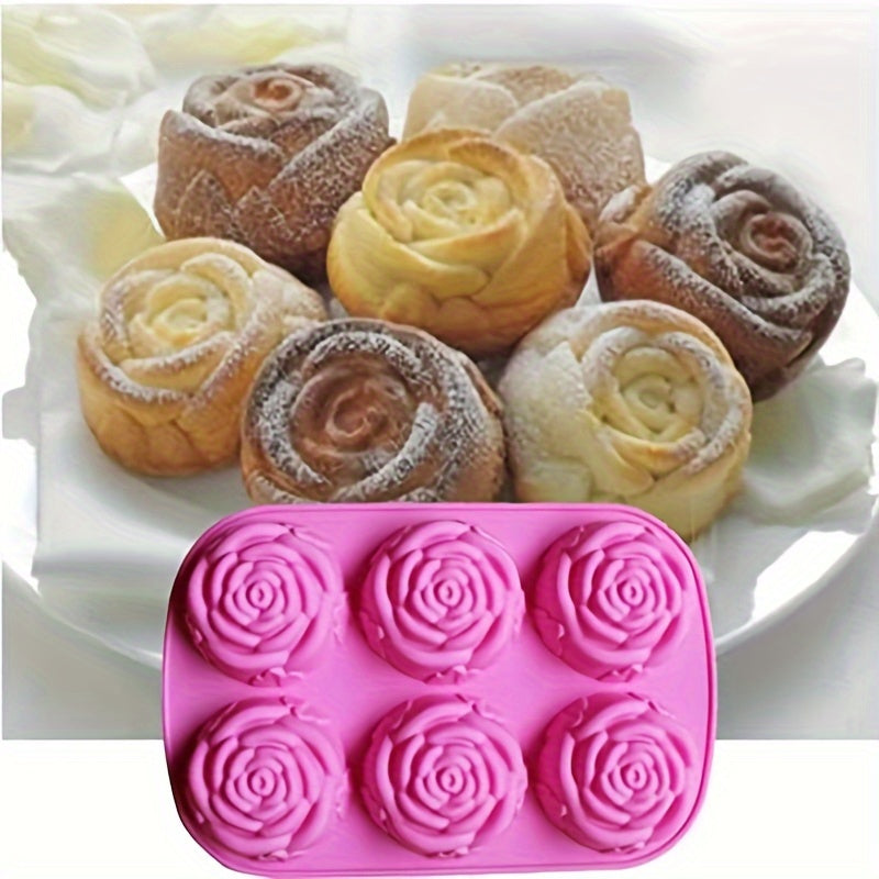 Silicone Rose Cake Mold with 6 Cavities in Pink - Heat Resistant, Ideal for French Desserts, Jelly, Pudding & Soap Making - Baking Tool for Valentine's Day & Christmas, Baking Accessories for DIY Crafters.