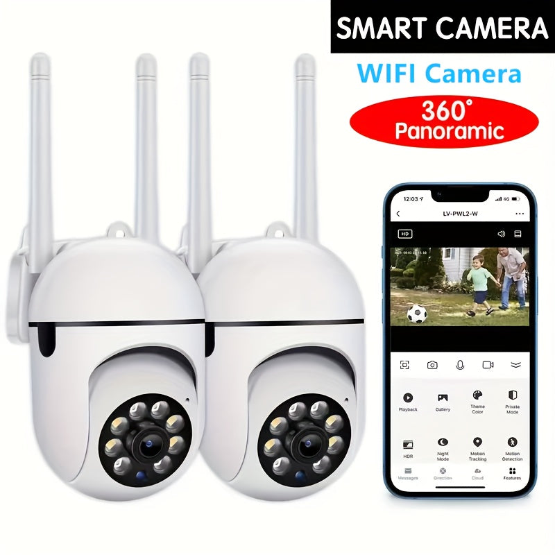 The YIIYRY 1080p HD Smart Security Camera offers 360° Pan/Tilt/Zoom capabilities, Night Vision, Two-Way Audio, Pet Detection, and is suitable for both indoor and outdoor use. It is USB powered and Wi-Fi enabled, housed in a sleek round ABS design.