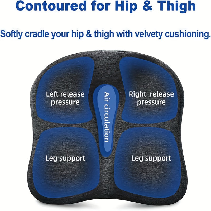 Ergonomic memory foam cushion supports tailbone and back for various seats, hand washable, mixed colors.