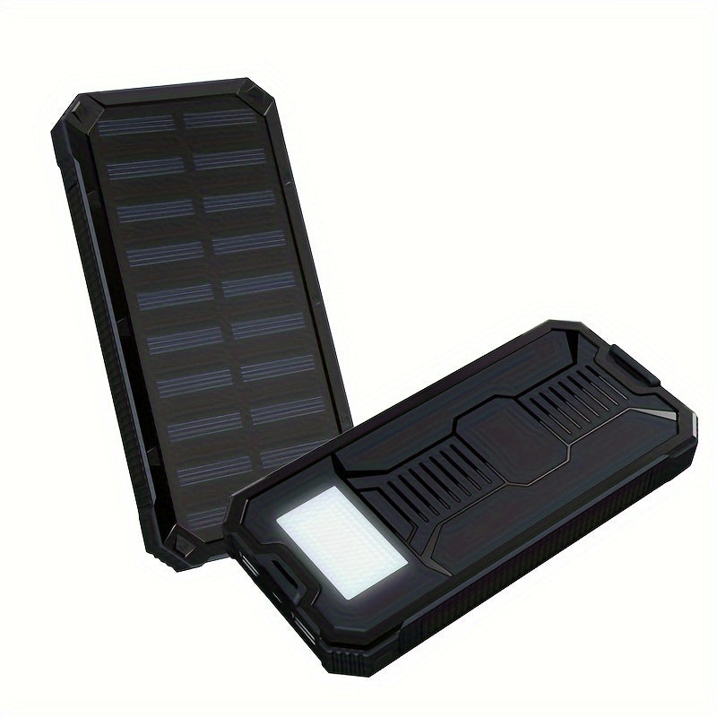 The SolarPower 10000mAh Power Bank is a portable device that features a dual USB charger, LED light, and microusb connector. It is compatible with various devices, operates at a voltage of