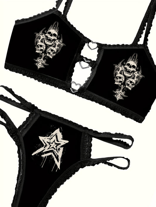 Unique skull star print bra and thong set with lace trim.